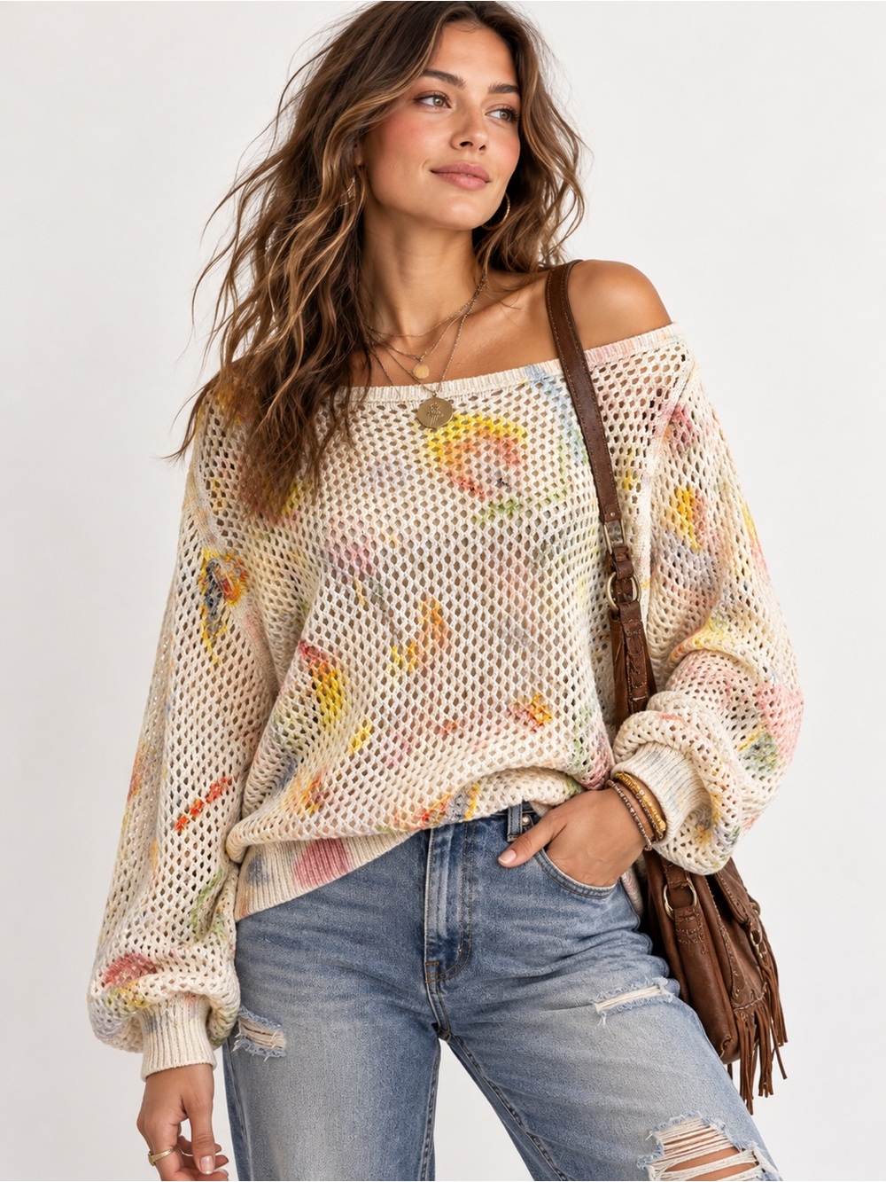 Anthropologie Pilcro x Klaas Jonkman Mesh Stitch Sweater Watercolor Print XL